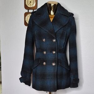 Women's Blue Plaid Double-Breasted Coat